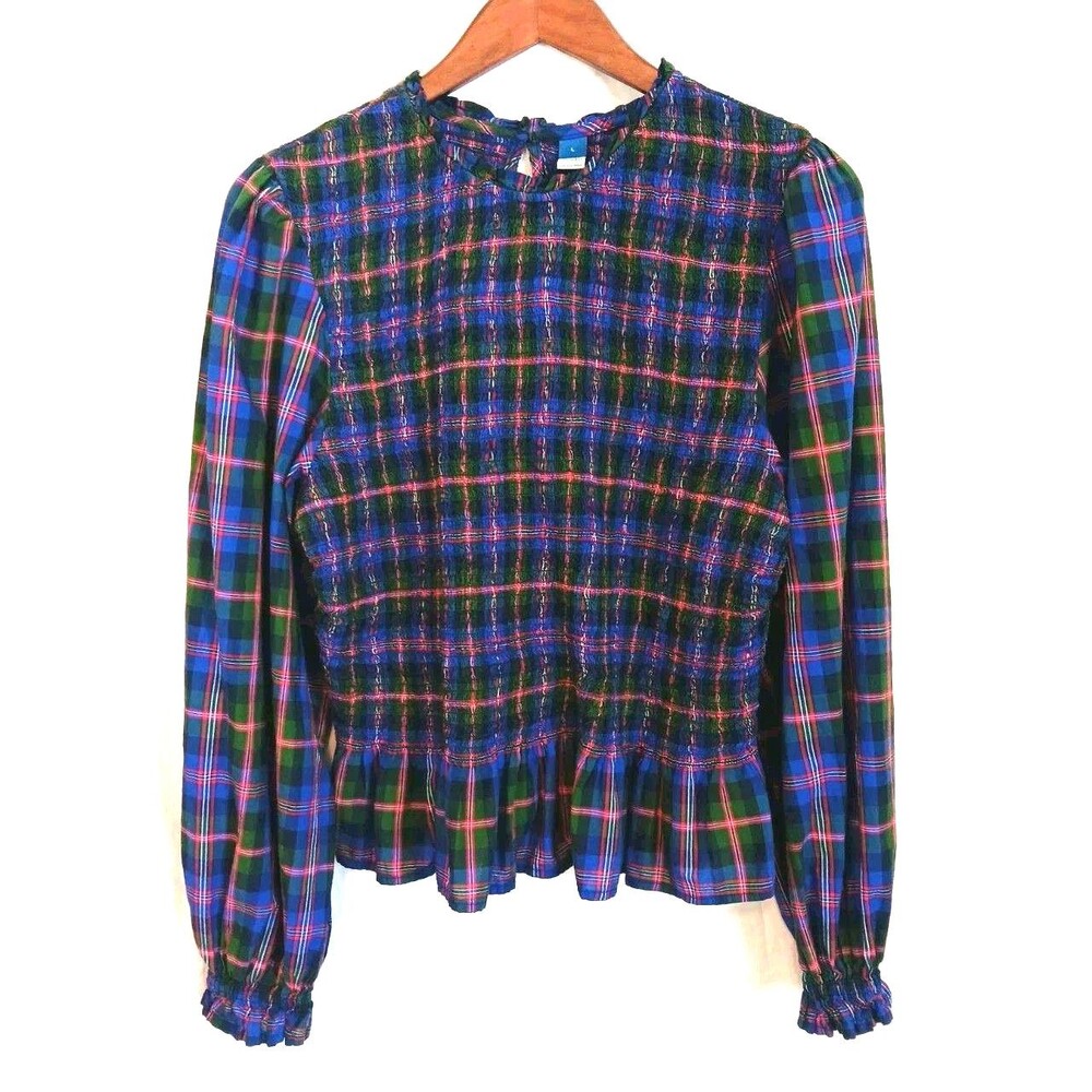 Old Navy Women's Blue Green Red Plaid Smocked Peplum Puff Sleeve Blouse L